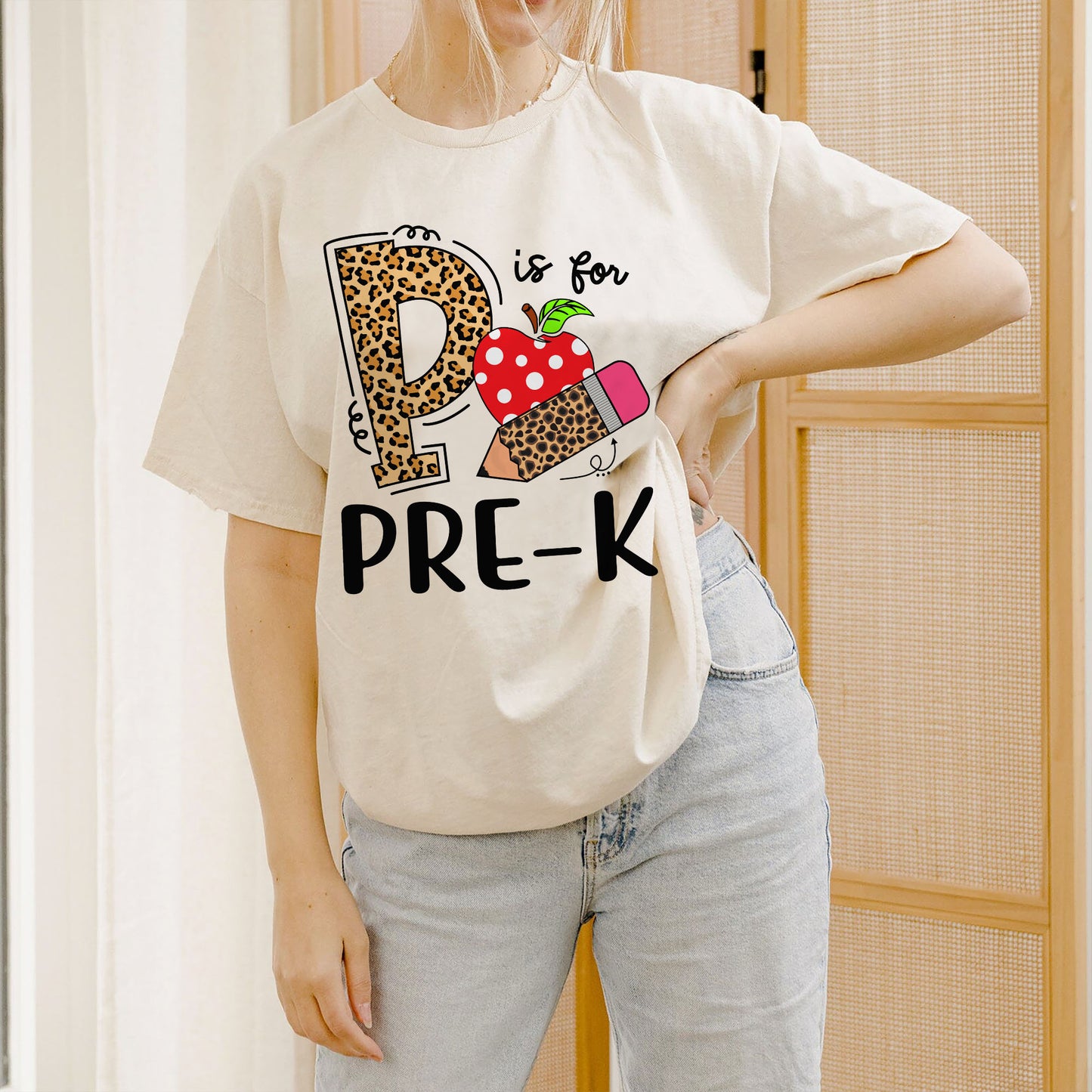 P is for Pre-K T-Shirt – Cute Preschool Teacher & Student Tee - Funny Shirt For Teacher - Natural - Up To 5XL