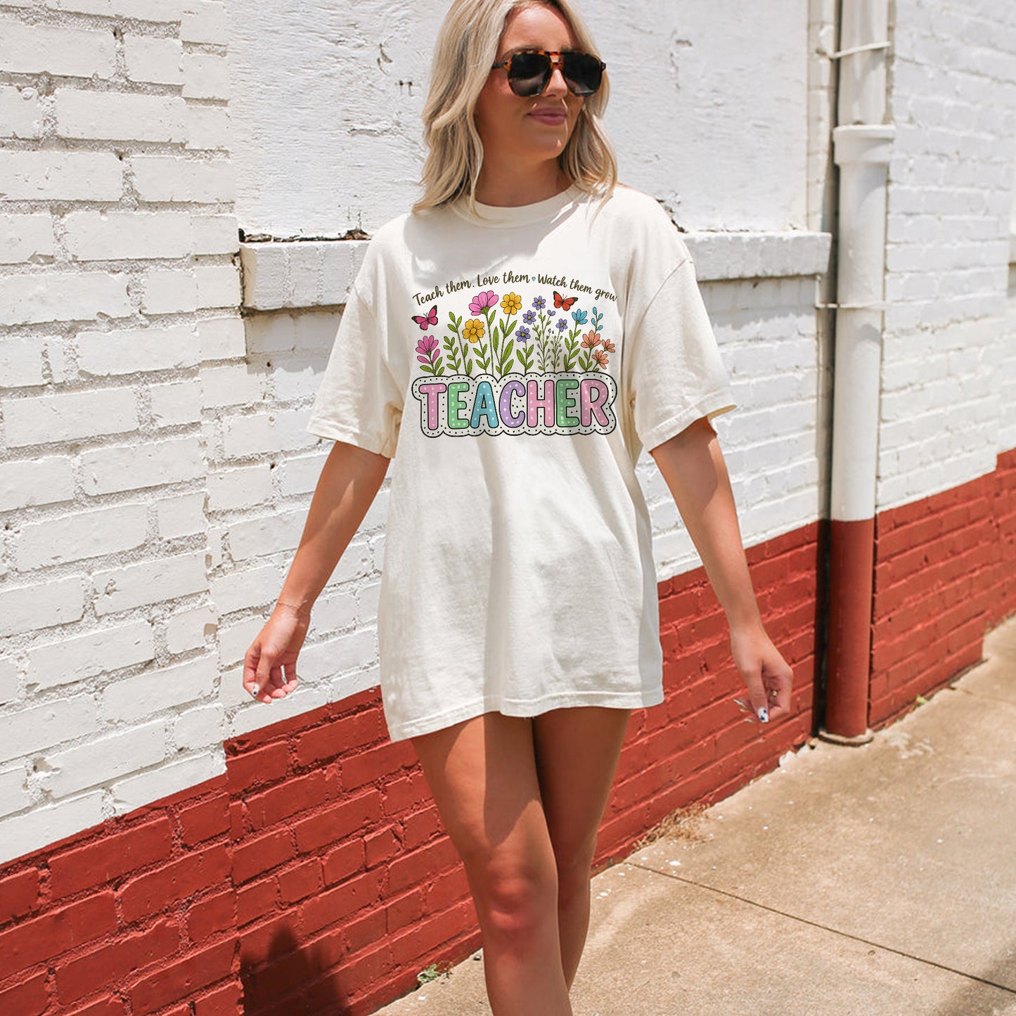 Teach Them Love Them Watch Them Grow Wildflower Inspired Teacher T-Shirt - Funny Shirt For Teacher - Natural - Up To 5XL