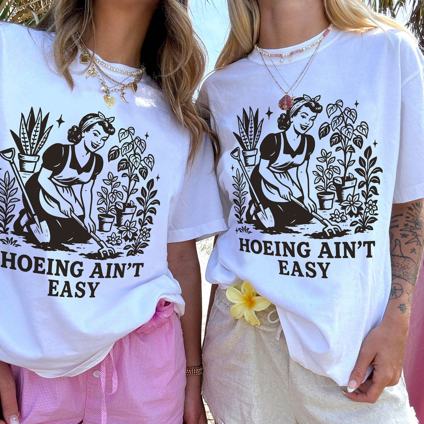 Hoeing Ain’t Easy T-Shirt – Funny Retro Gardening Graphic Tee for Gardeners – White – Sizes Up to 5XL