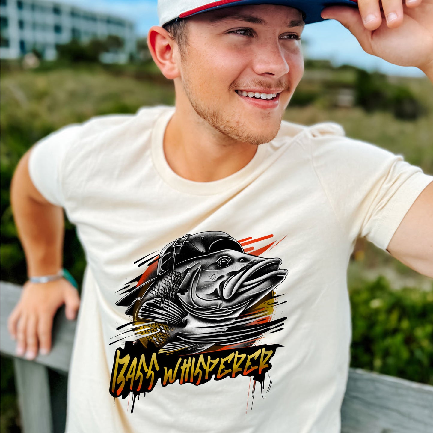 Bass Fishing Shirt - Bass Whisperer Graphic Tee - Funny Angler Gift for Fishermen – Natural – Up To 5XL
