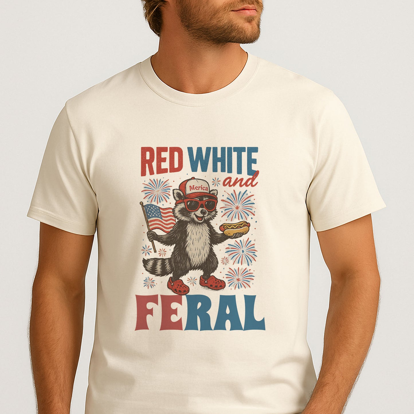 Red White and Feral Raccoon Shirt – Funny 4th of July 'Merica Tee for Chaos Lovers – Natural Tee - Up To 5X