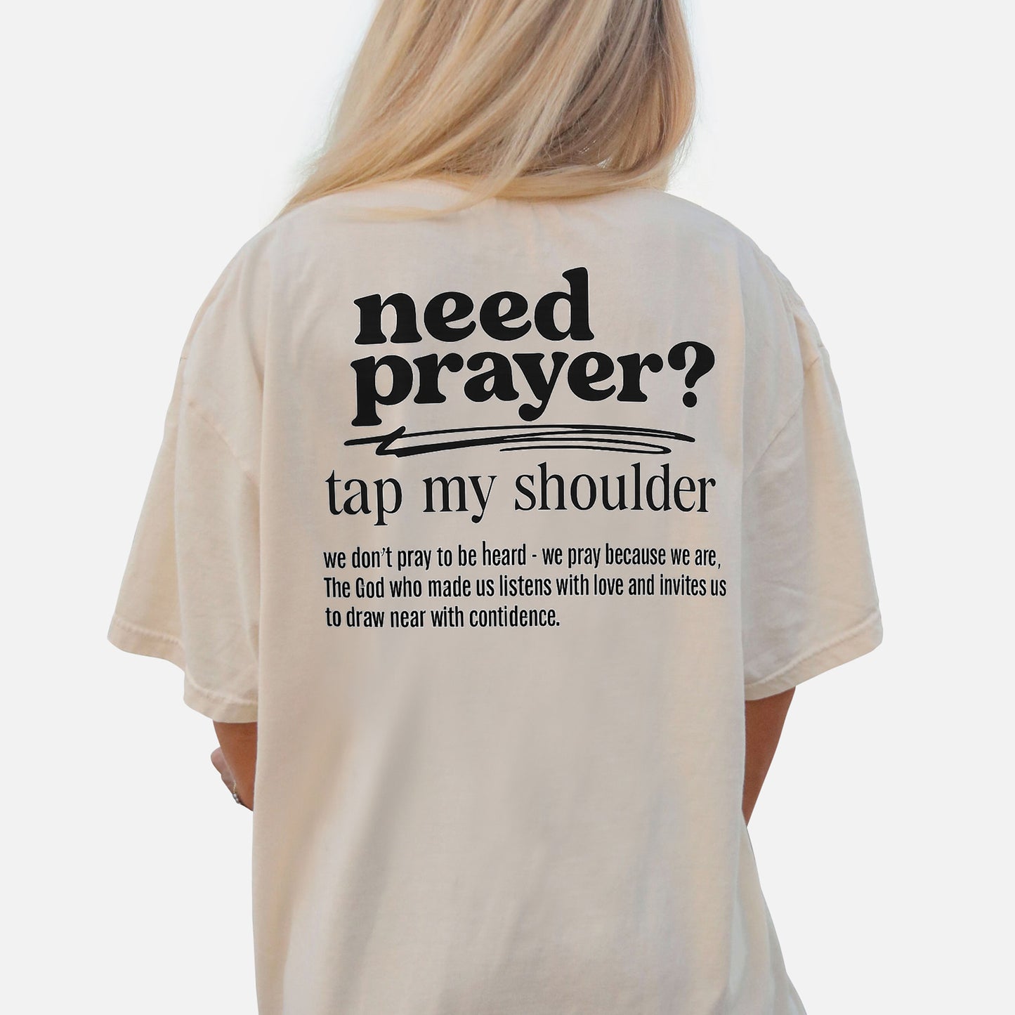 Need Prayer? Tap My Shoulder T-Shirt  -  Funny Jesus Shirt For Christians- Natural- Up To 5XL