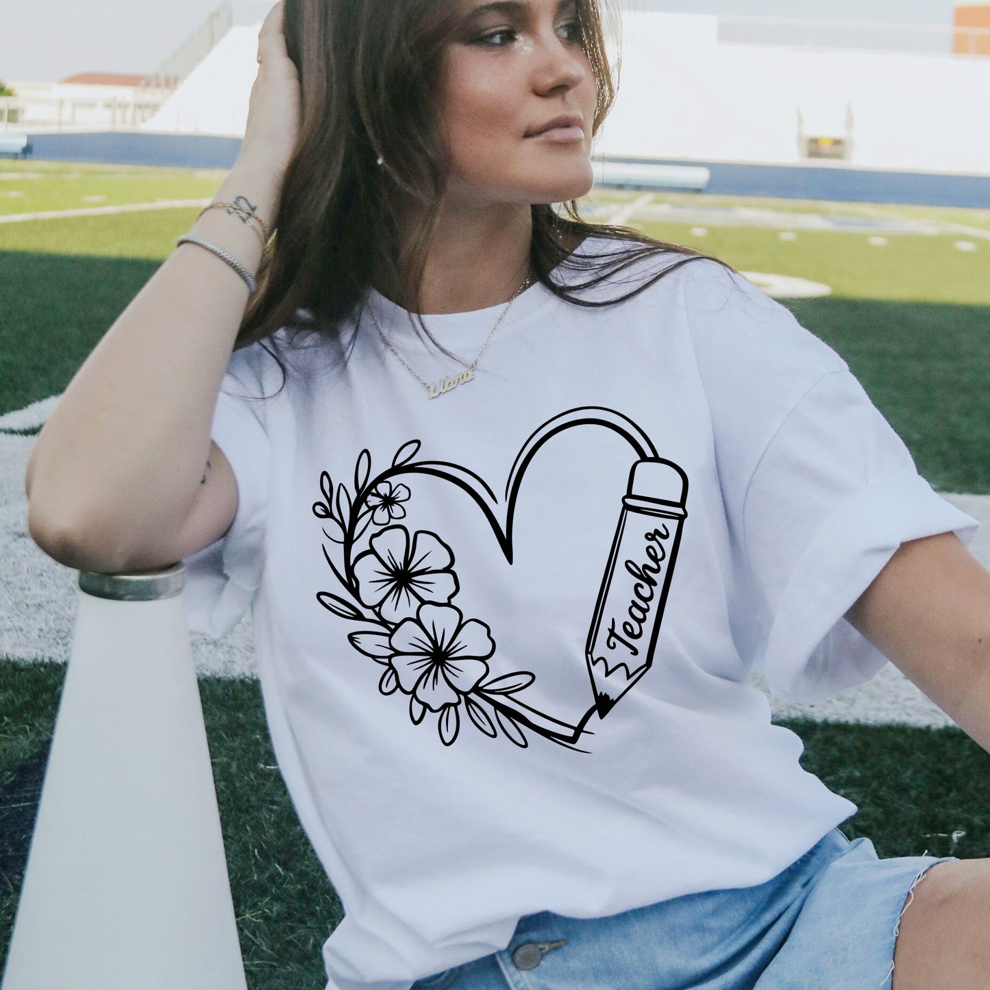 Teacher Floral Heart and Pencil T-Shirt  - Funny Shirt For Teacher - White- Up To 5XL