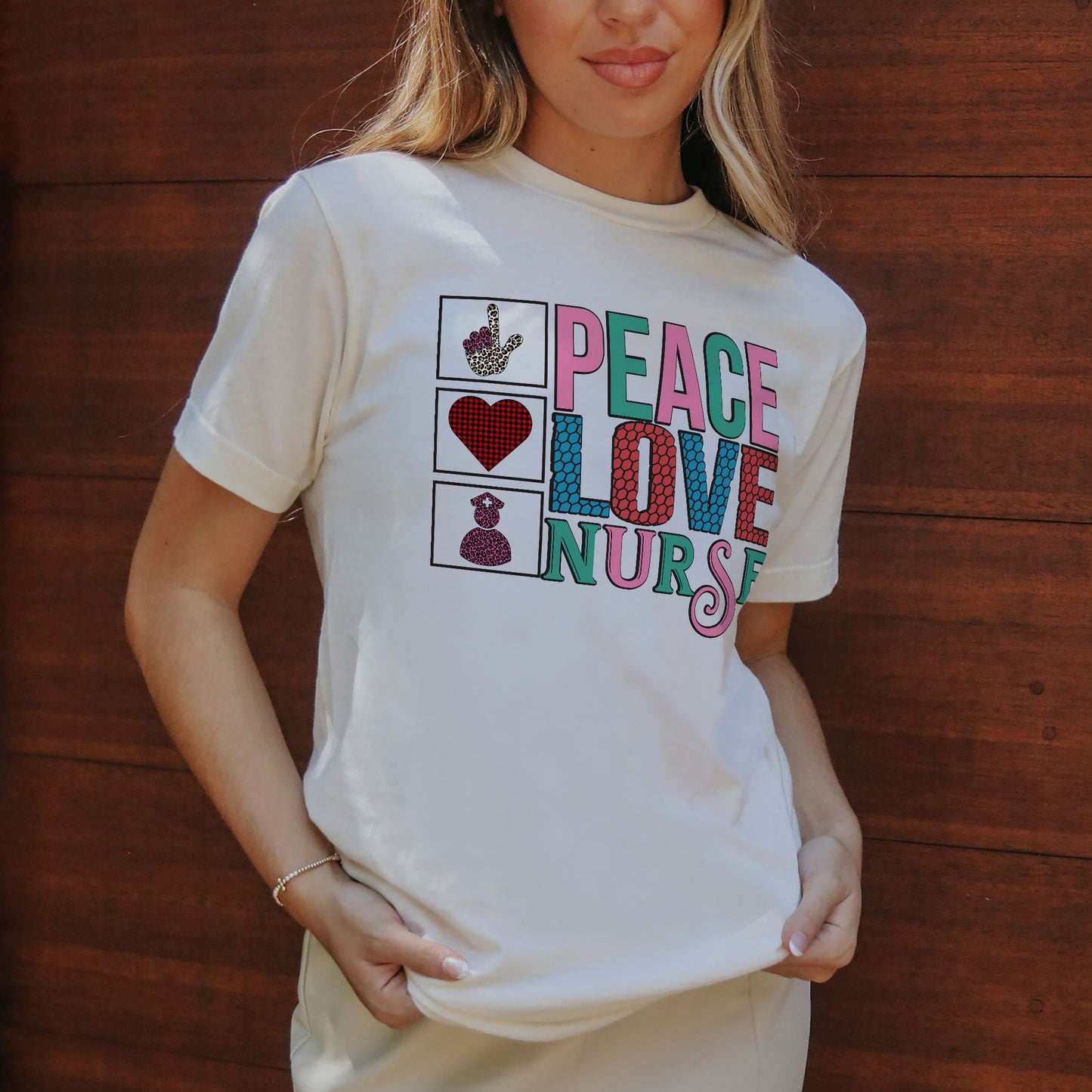 Peace Love Nurse Shirt –  Cute Nursing GraphicTee Gift for RN LPN CNA - Natural - Up To 5XL