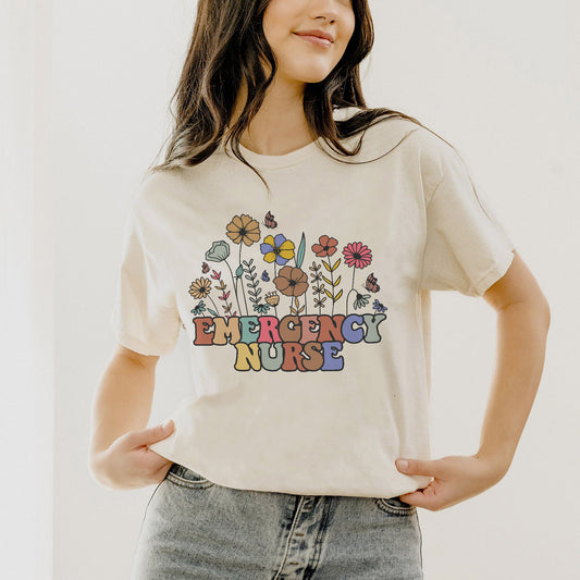 Funny Shirt For ER Nurse - Vintage Floral Emergency Nurse Tee - Natural- Up To 5XL