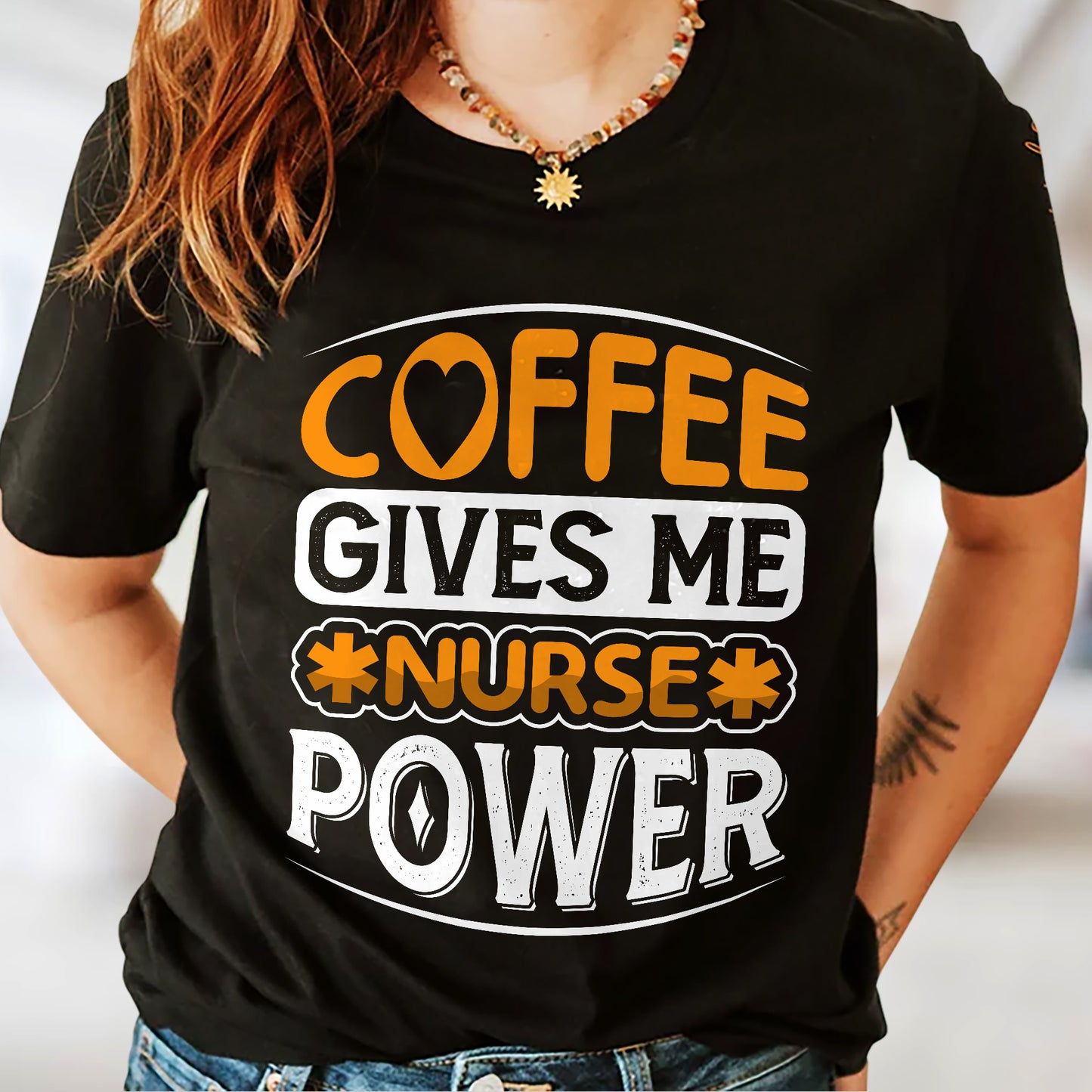 Coffee Gives Me Nurse Power T-Shirt  - Funny Coffee Tees For Nurse - Black - Up To 5XL