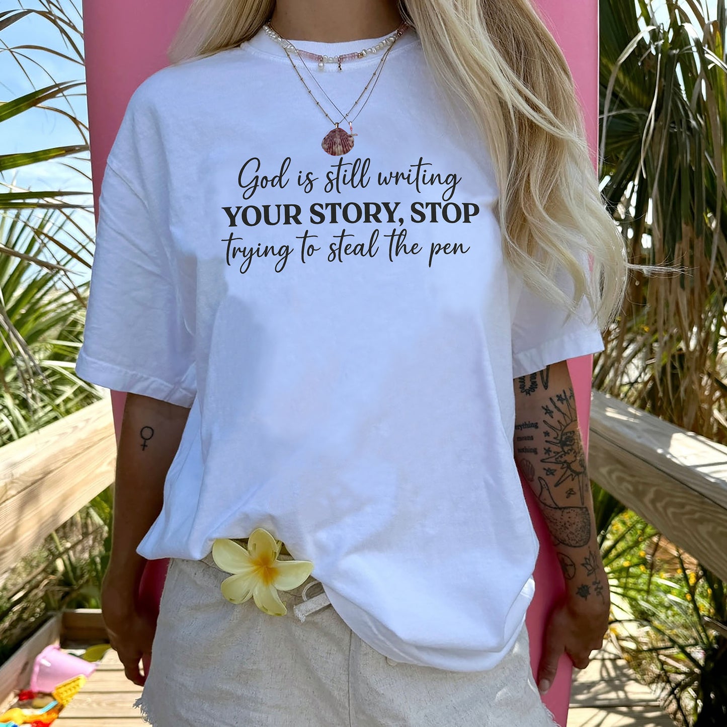God Is Still Writing Your Story – Stop Trying To Steal The Pen T-Shirt   -  Funny Jesus Shirt For Christians- White- Up To 5XL