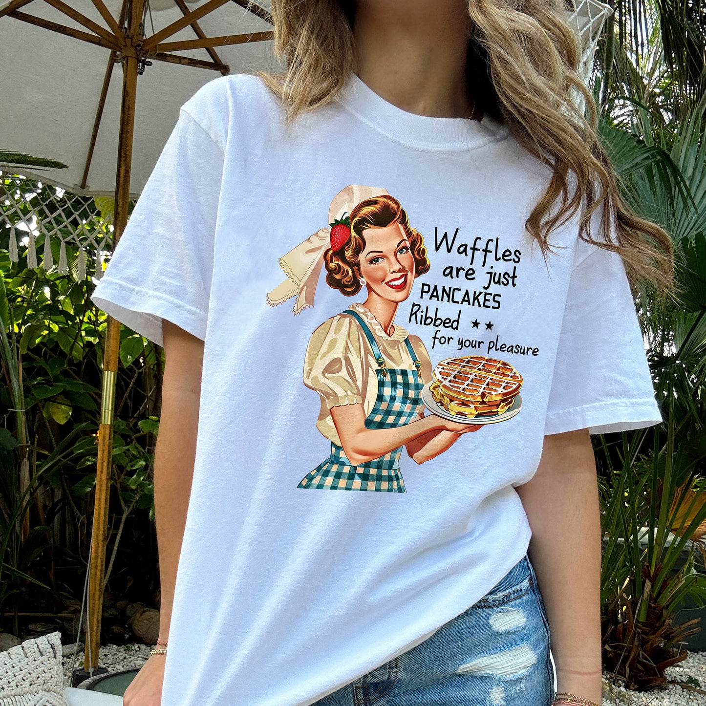 Waffles Are Just Pancakes Rubbed for Your Pleasure T-Shirt  – Funny Women Sarcastic Tee - White - Up To 5XL