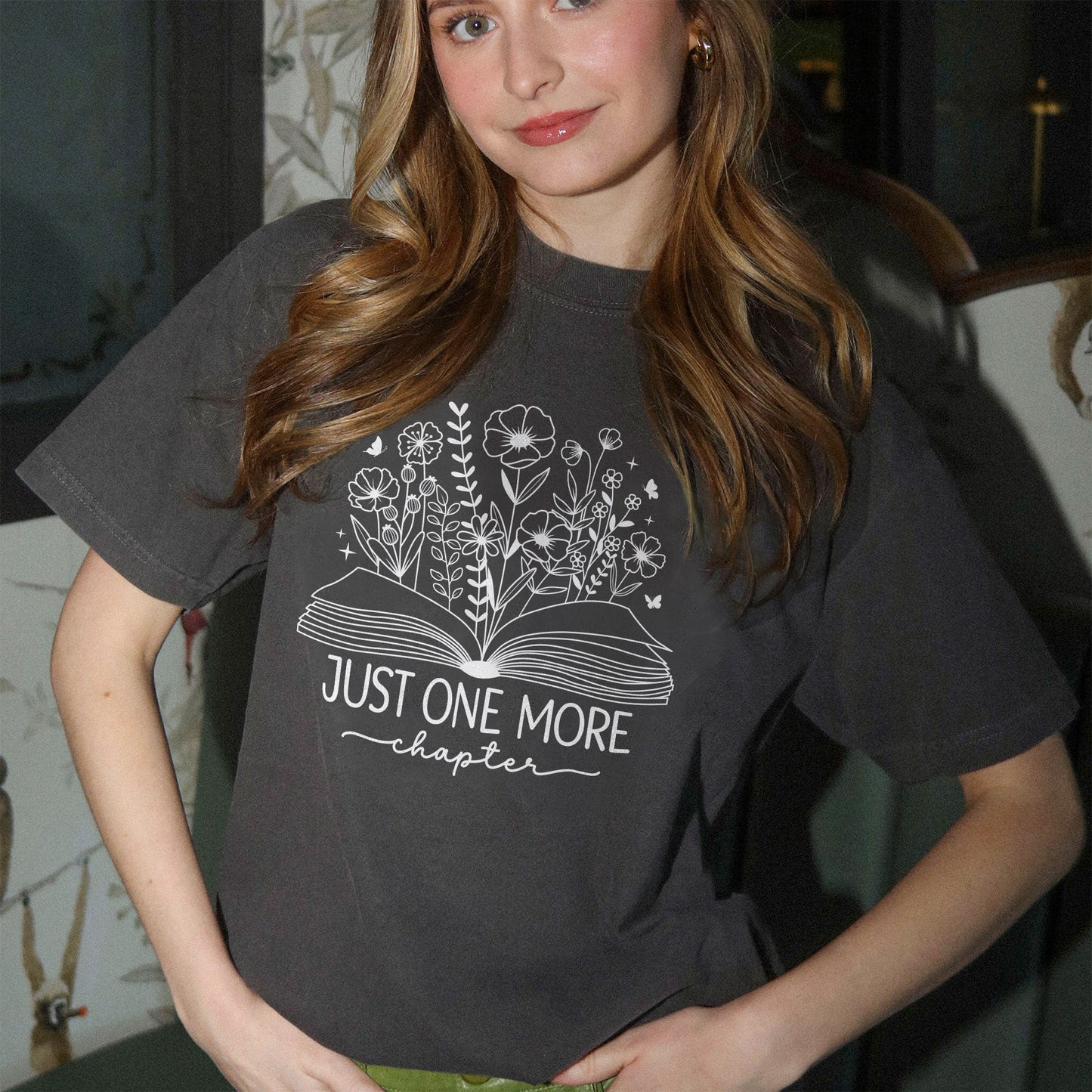 Reading Shirt – Just One More Chapter Book Flowers Tee – Book Lover Gift Floral – Black – Up To 5XL