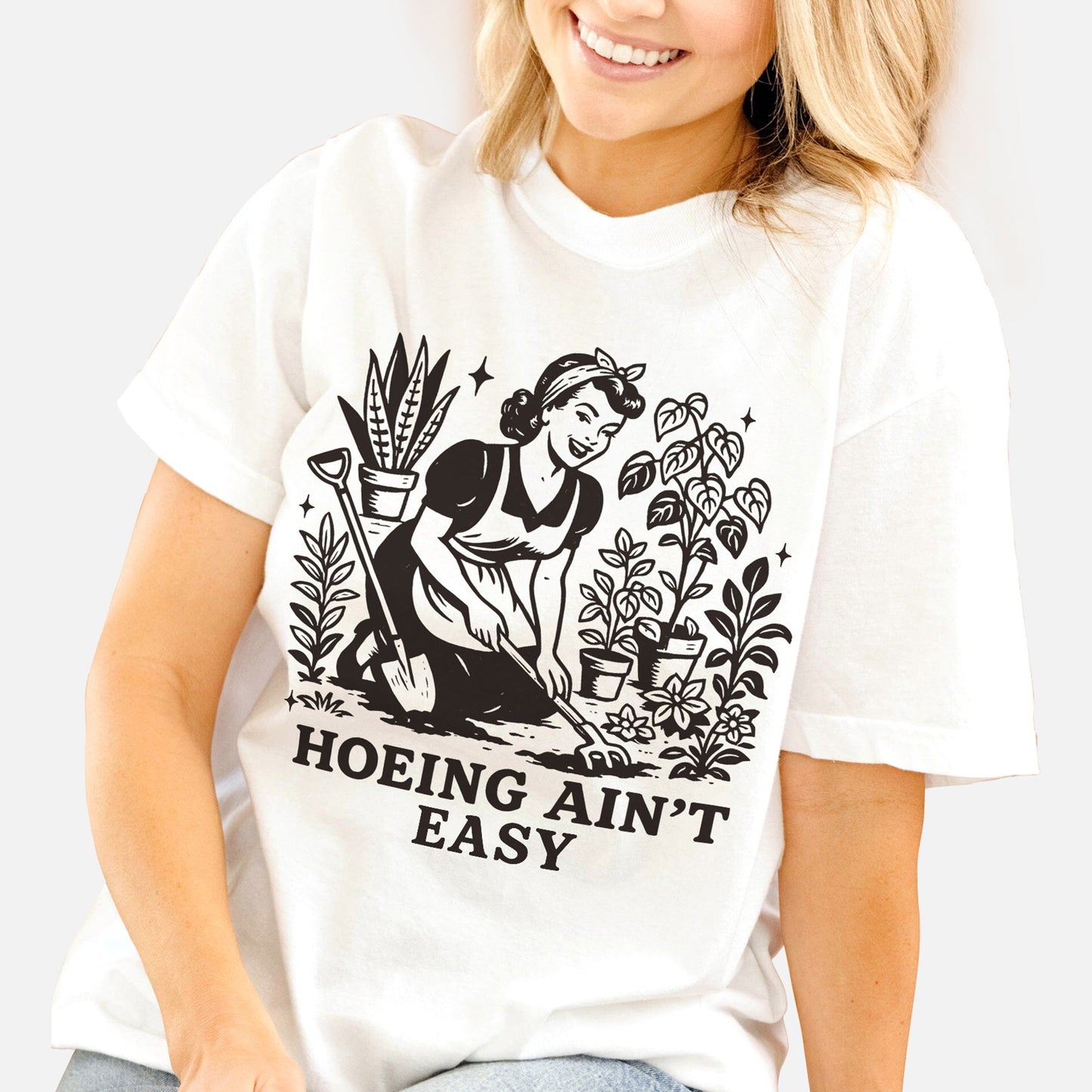 Hoeing Ain’t Easy T-Shirt – Funny Retro Gardening Graphic Tee for Gardeners – White – Sizes Up to 5XL