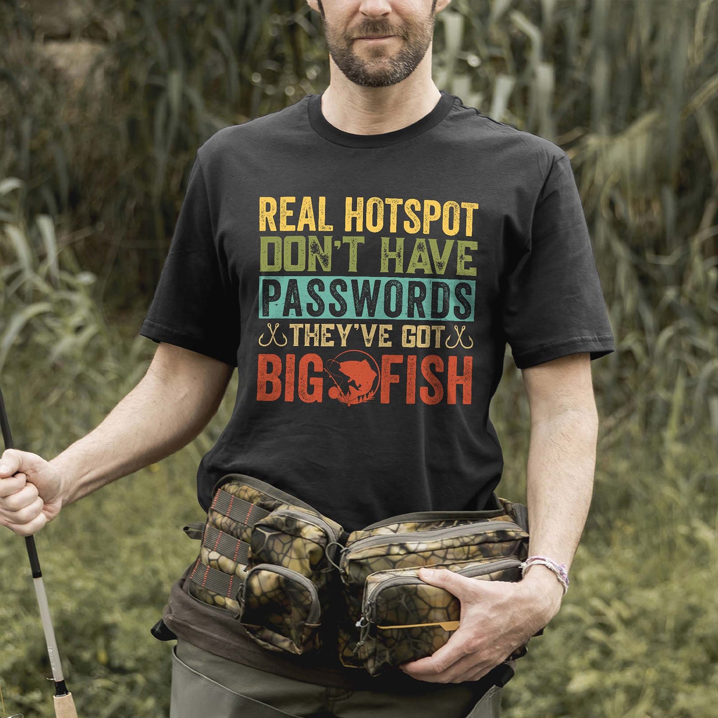 Funny Fishing Shirt – Real Hotspots Don't Have Passwords Big Fish Tee – Outdoors Fisherman Gift – Black – Up To 5XL