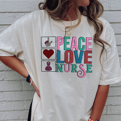 Peace Love Nurse Shirt –  Cute Nursing GraphicTee Gift for RN LPN CNA - Natural - Up To 5XL