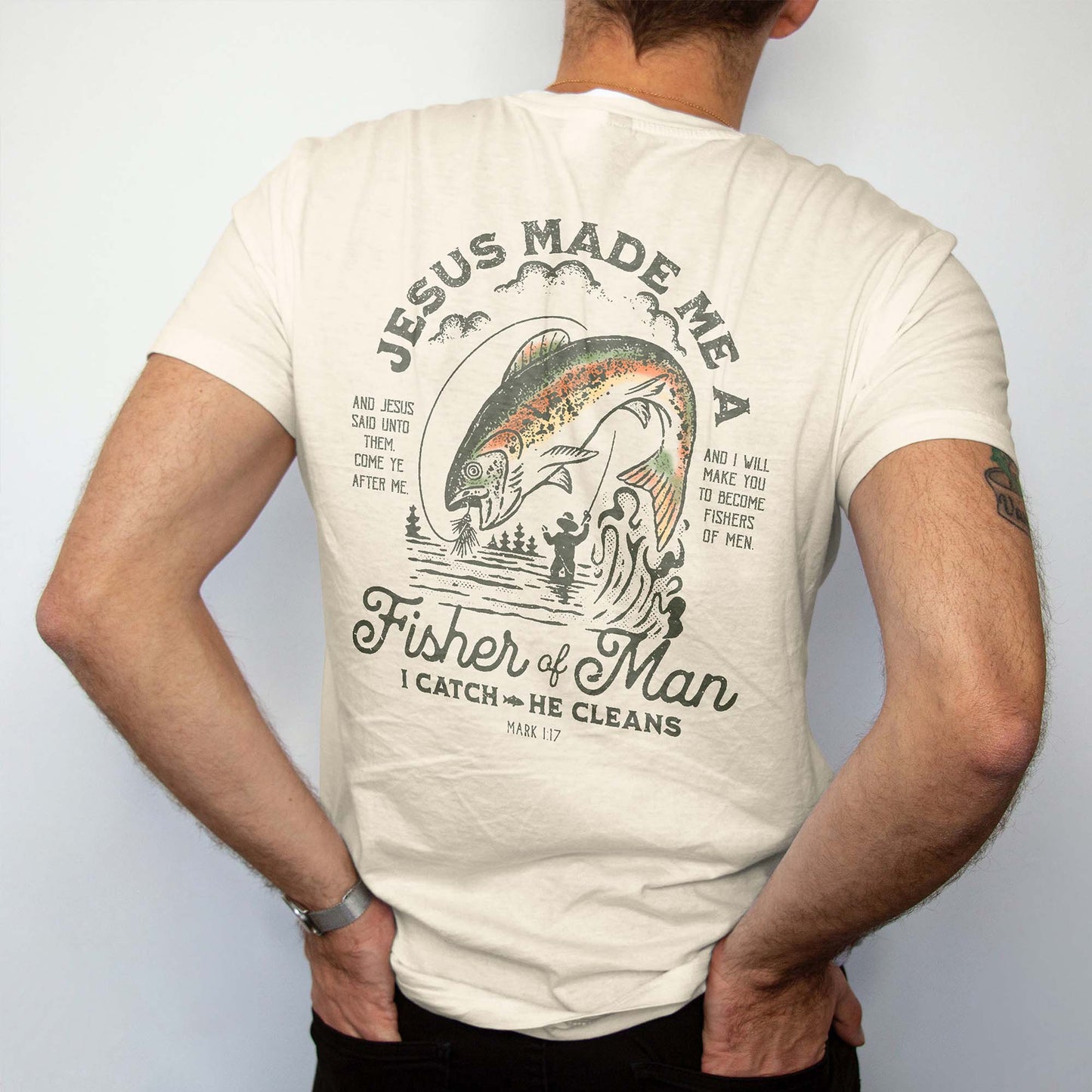 Christian Fishing Shirt – Jesus Made Me a Fisher of Men I Catch He Cleans – Based Faith Tee – Natural – Up To 5XL