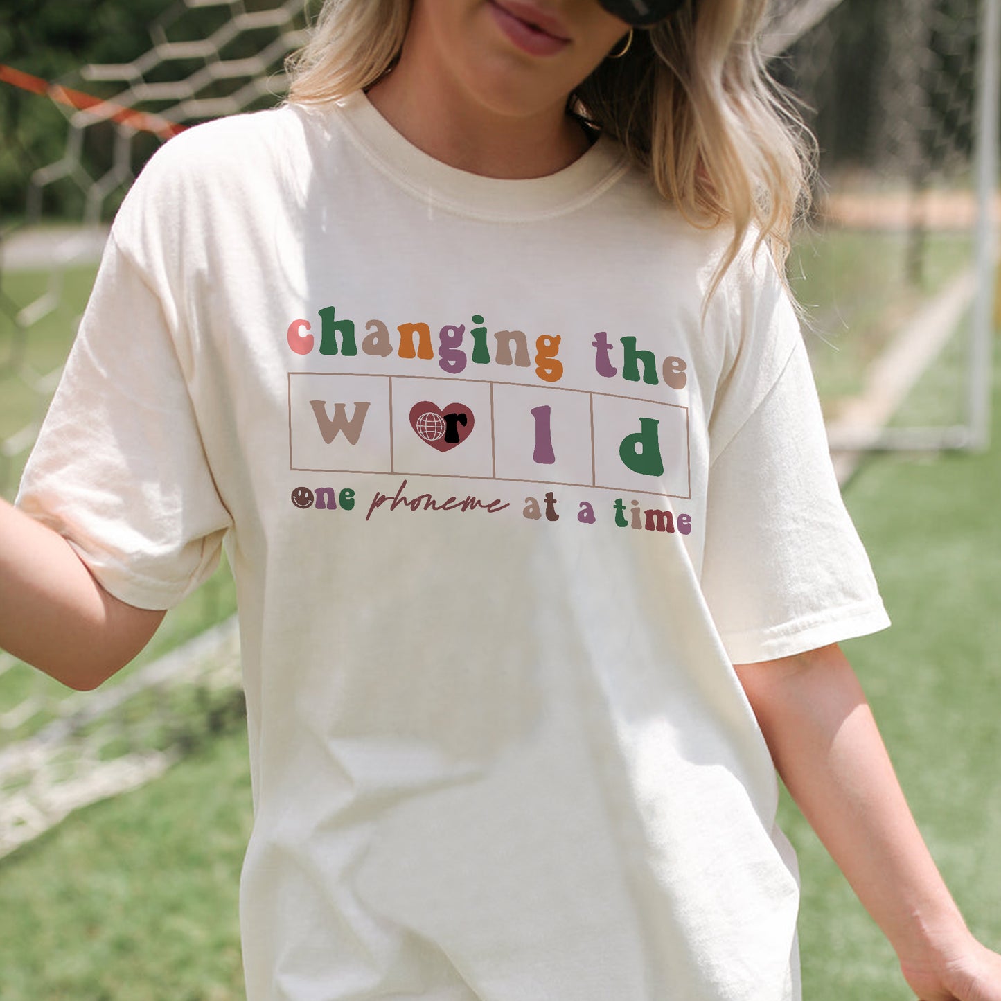 Changing the World One Phoneme at a Time T-Shirt -  Funny Shirt For Teacher - Natural - Up To 5XL