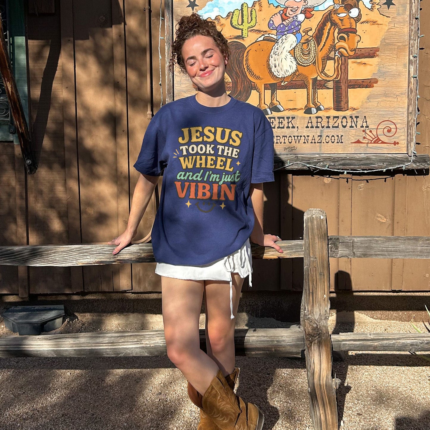 Jesus Took The Wheel and I’m Just Vibin’ T-Shirt  -  Funny Jesus Shirt For Christians- Navy- Up To 5XL