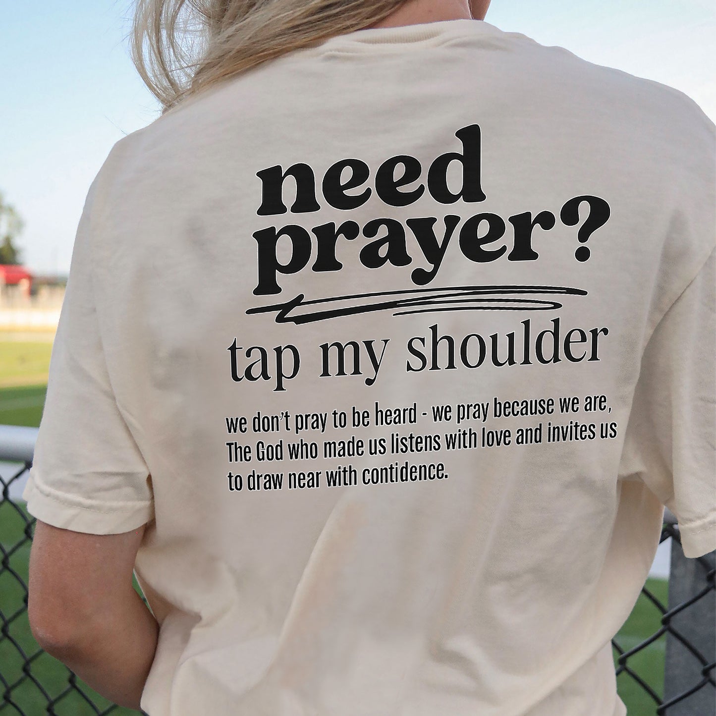 Need Prayer? Tap My Shoulder T-Shirt  -  Funny Jesus Shirt For Christians- Natural- Up To 5XL