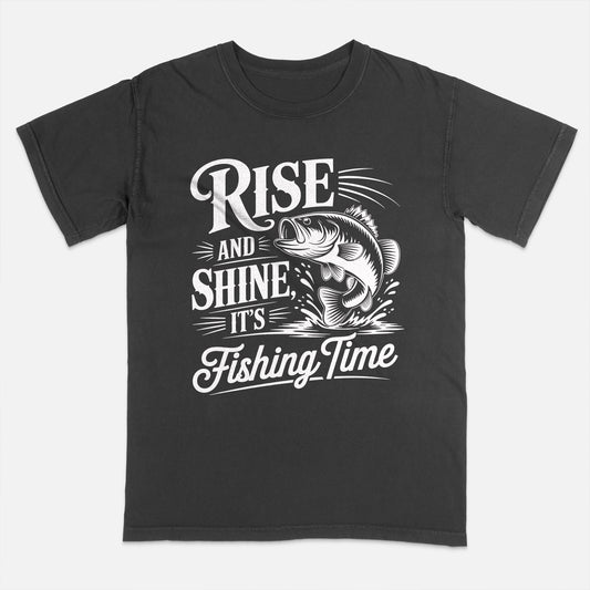 Fishing Lover Shirt – Rise and Shine It’s Fishing Time Tee – Morning Angler Graphic Shirt – Black – Up To 5XL