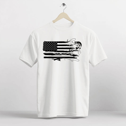 American Fishing Shirt – USA Flag Bass Angler Tee – Patriotic Fishing Gift – White – Up To 5XL