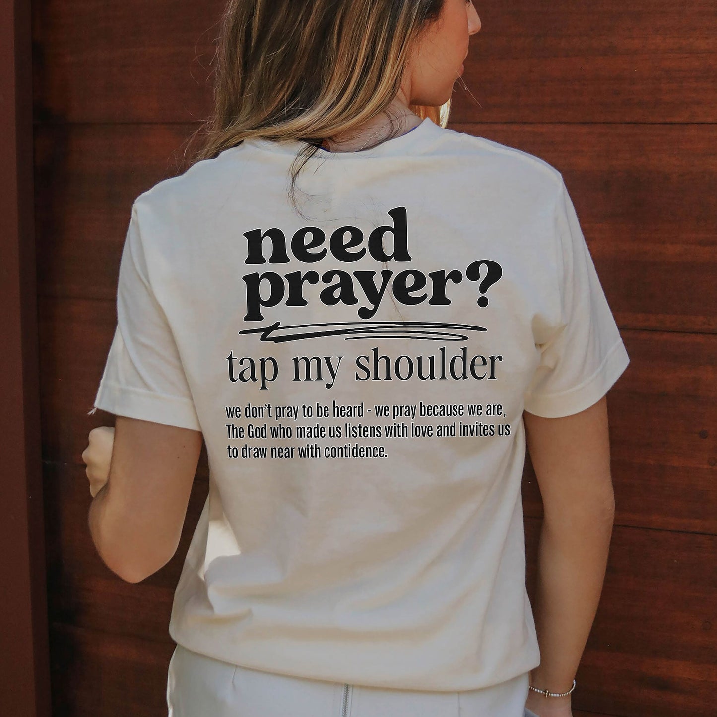 Need Prayer? Tap My Shoulder T-Shirt  -  Funny Jesus Shirt For Christians- Natural- Up To 5XL