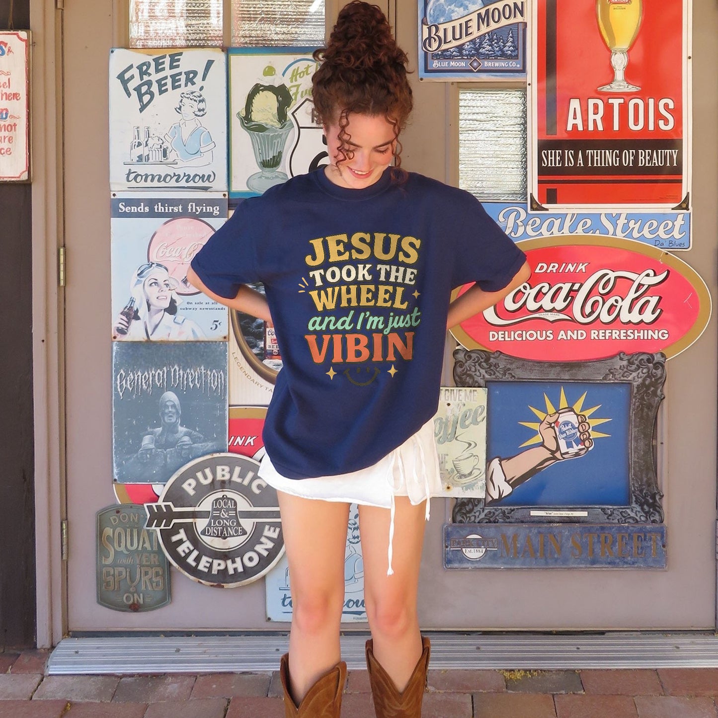 Jesus Took The Wheel and I’m Just Vibin’ T-Shirt  -  Funny Jesus Shirt For Christians- Navy- Up To 5XL