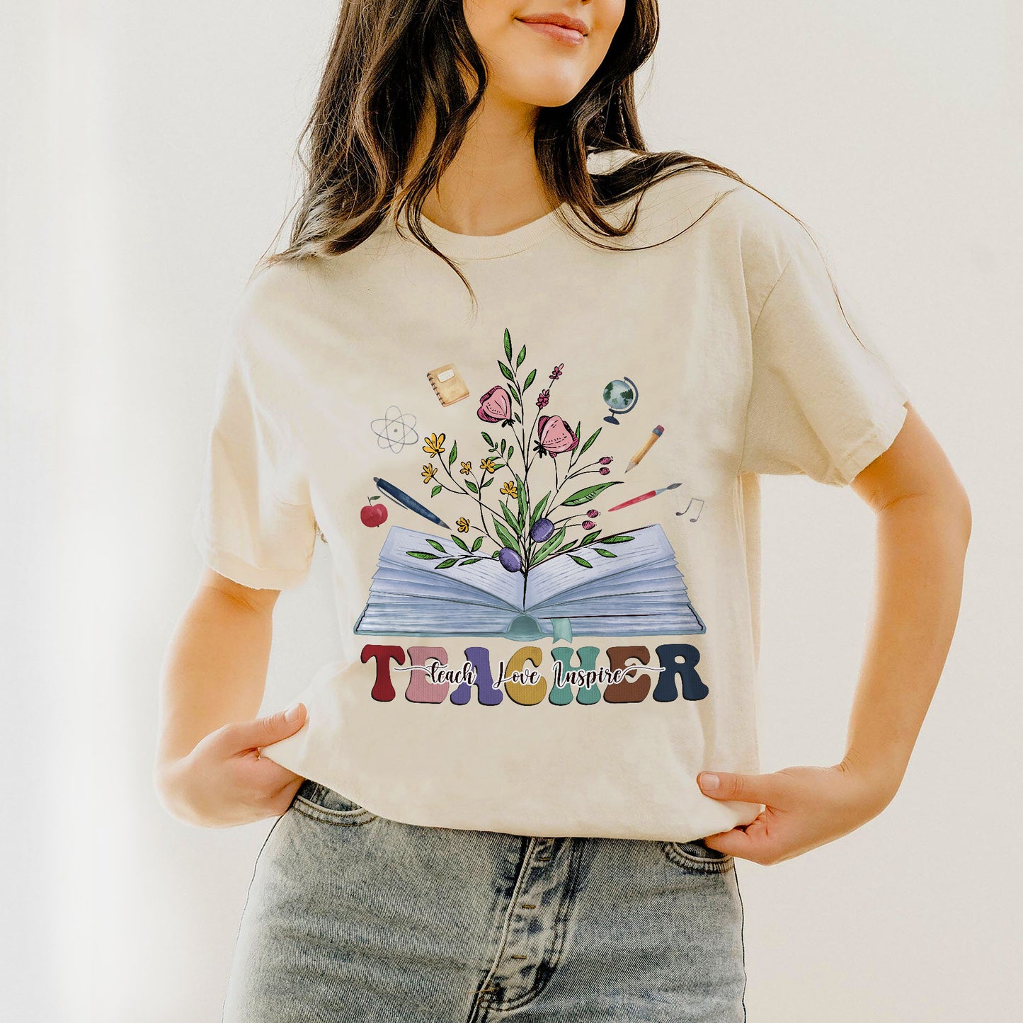 Teach Love Inspire Teacher T-Shirt -  Funny Shirt For Teacher - Natural - Up To 5XL