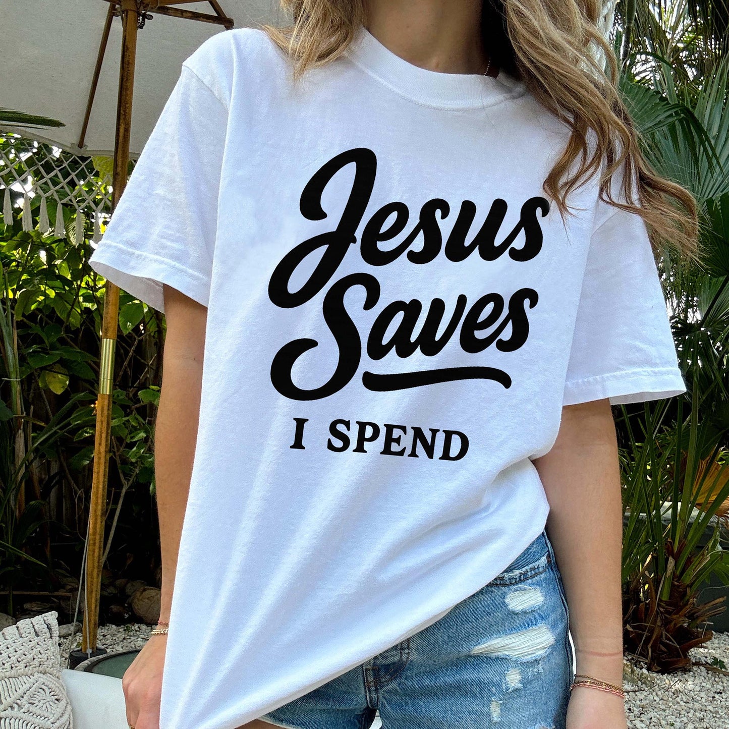 Jesus Saves I Spend T-Shirt -  Funny Jesus Shirt For Christians- White- Up To 5XL