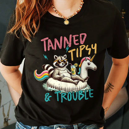 Summer Party Shirt – Tanned Tipsy and Trouble – Funny Raccoon Meme Beach Tee – Black – Up To 5XL