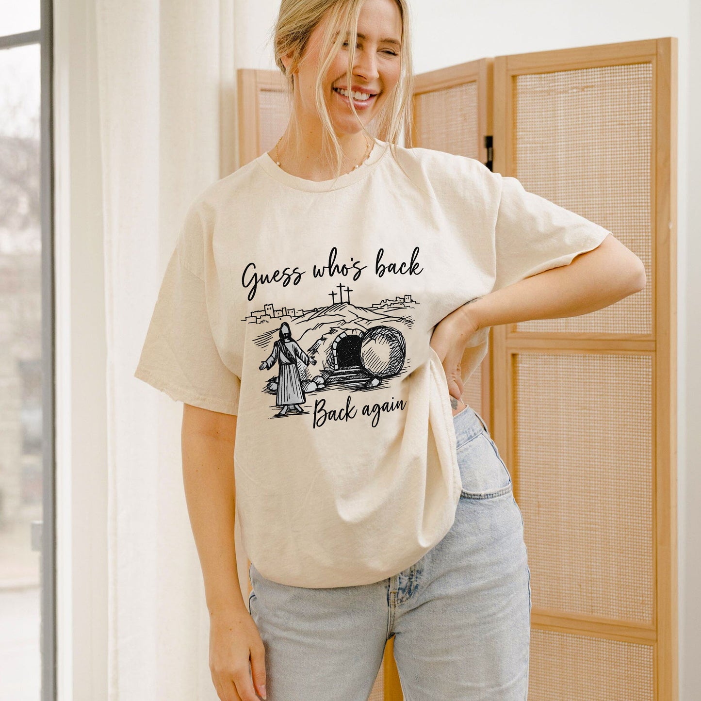 Guess Who’s Back? Back Again T-Shirt-  Funny Jesus Shirt For Christians- Sand- Up To 5XL