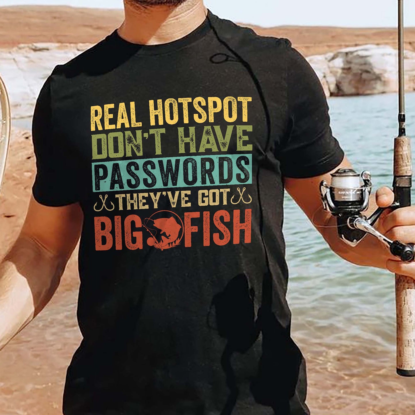 Funny Fishing Shirt – Real Hotspots Don't Have Passwords Big Fish Tee – Outdoors Fisherman Gift – Black – Up To 5XL
