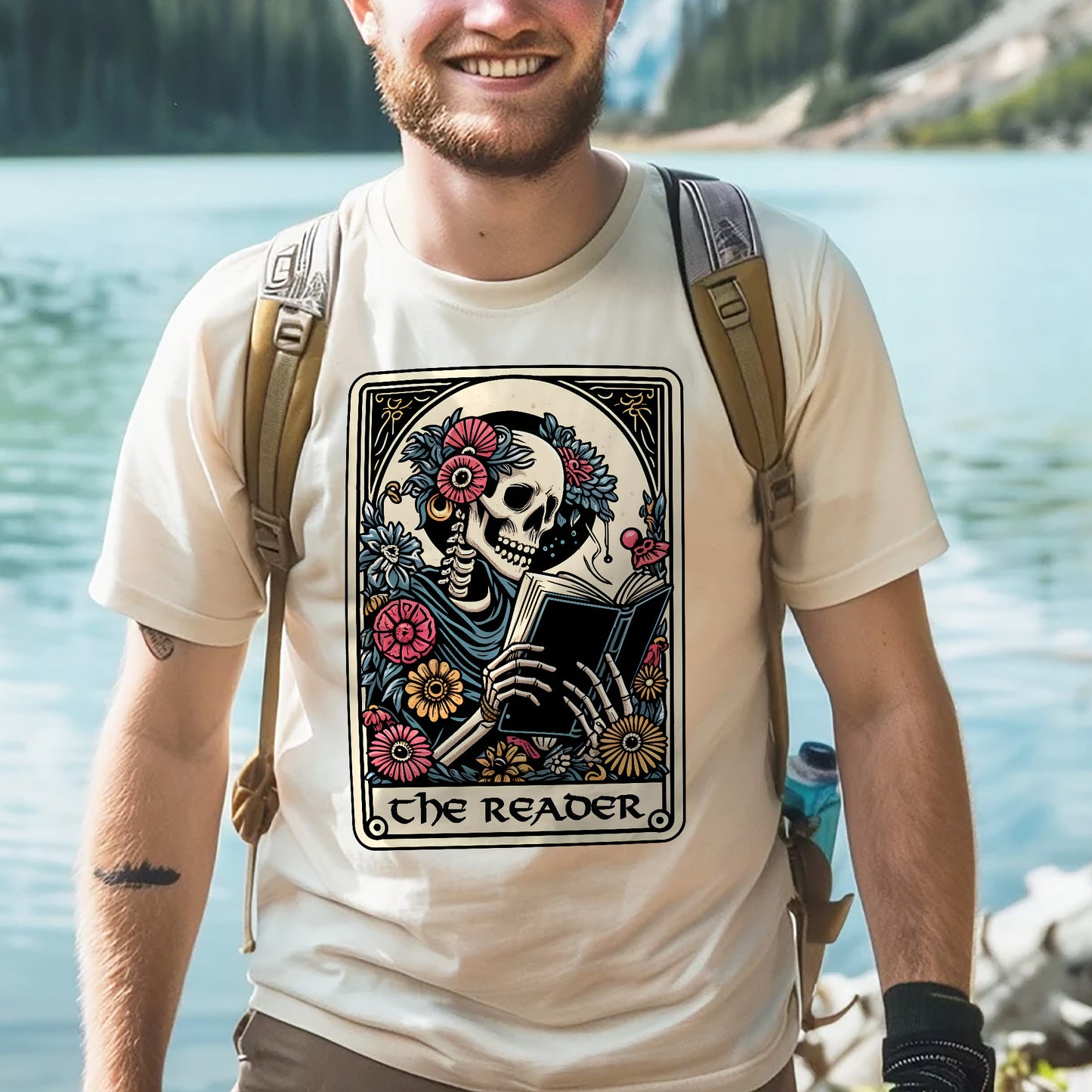 Skeleton Reading Tee – The Reader Card Shirt –  Book Lover Gift – Natural – Up To 5XL
