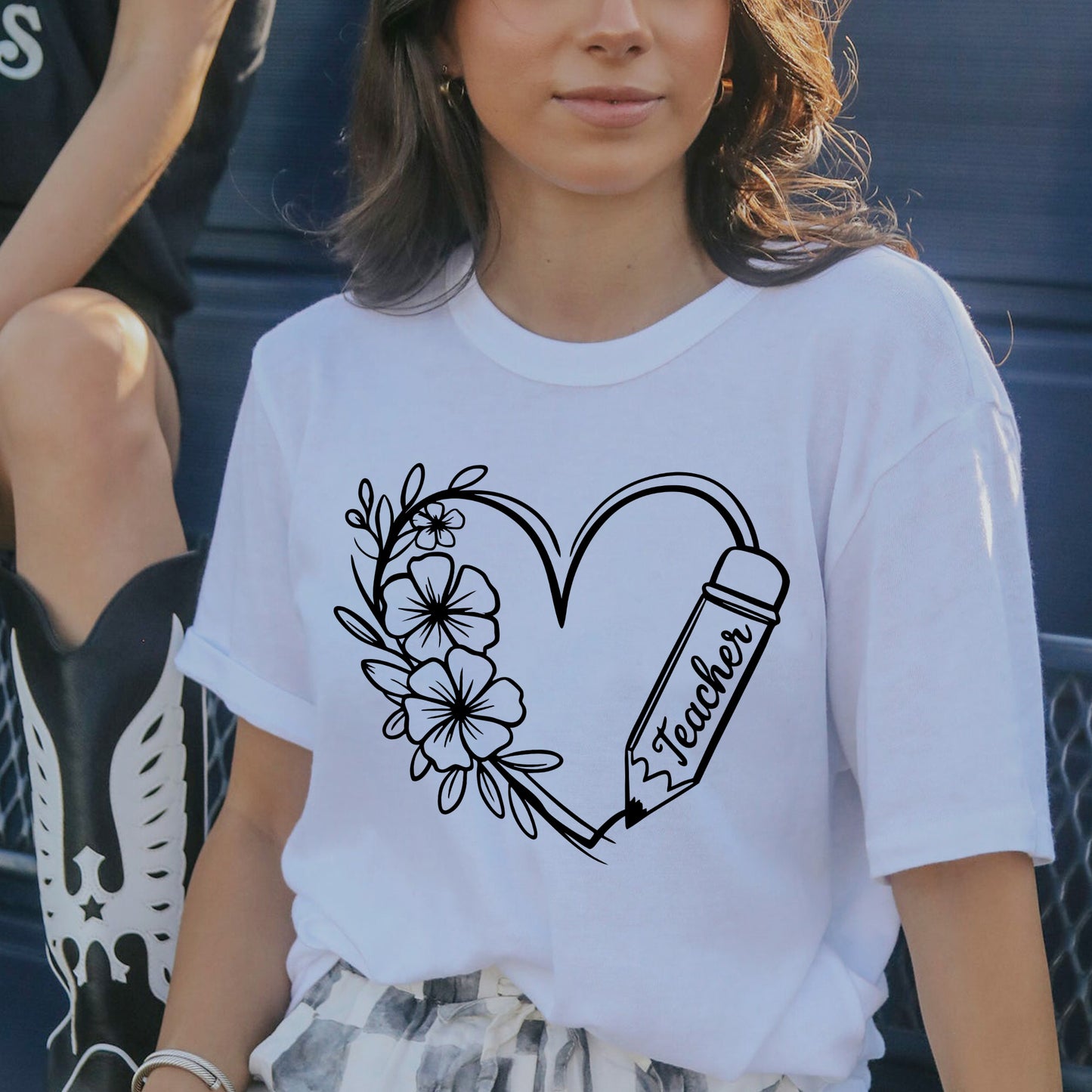 Teacher Floral Heart and Pencil T-Shirt  - Funny Shirt For Teacher - White- Up To 5XL