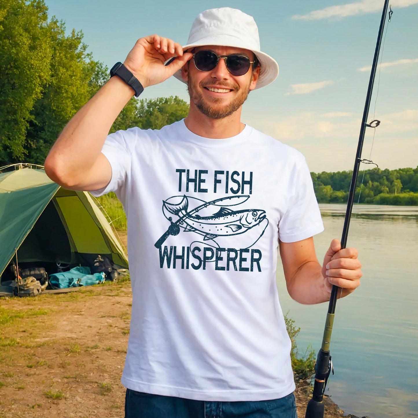 Funny Fisherman Shirt – The Fish Whisperer – Angler Humor Outdoor Tee – White – Up To 5XL