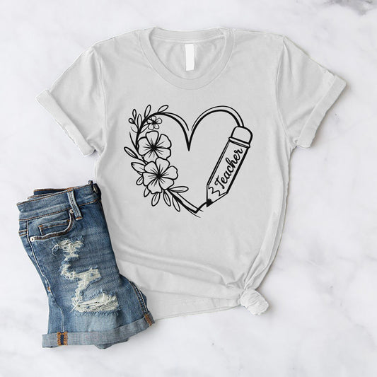 Teacher Floral Heart and Pencil T-Shirt  - Funny Shirt For Teacher - White- Up To 5XL