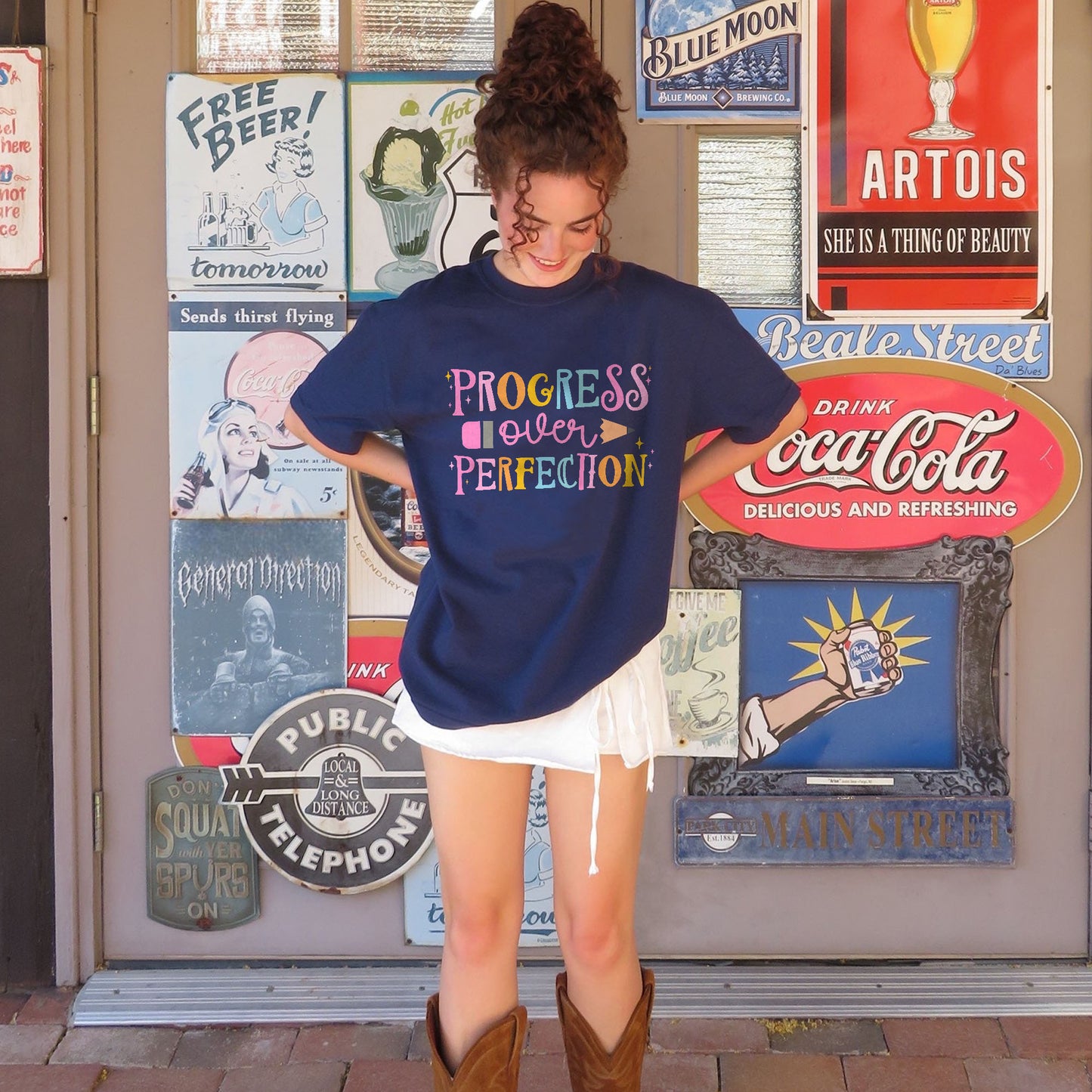 Progress Over Perfection T-Shirt -  Funny Shirt For Teacher - Navy - Up To 5XL