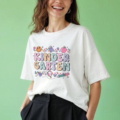 Retro Kindergarten Shirt – Checkered Back To School Tee  – White – Up To 5XL