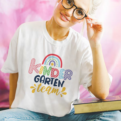 Kindergarten Team Shirt – Rainbow Teacher Squad Tee –  White – Up To 5XL
