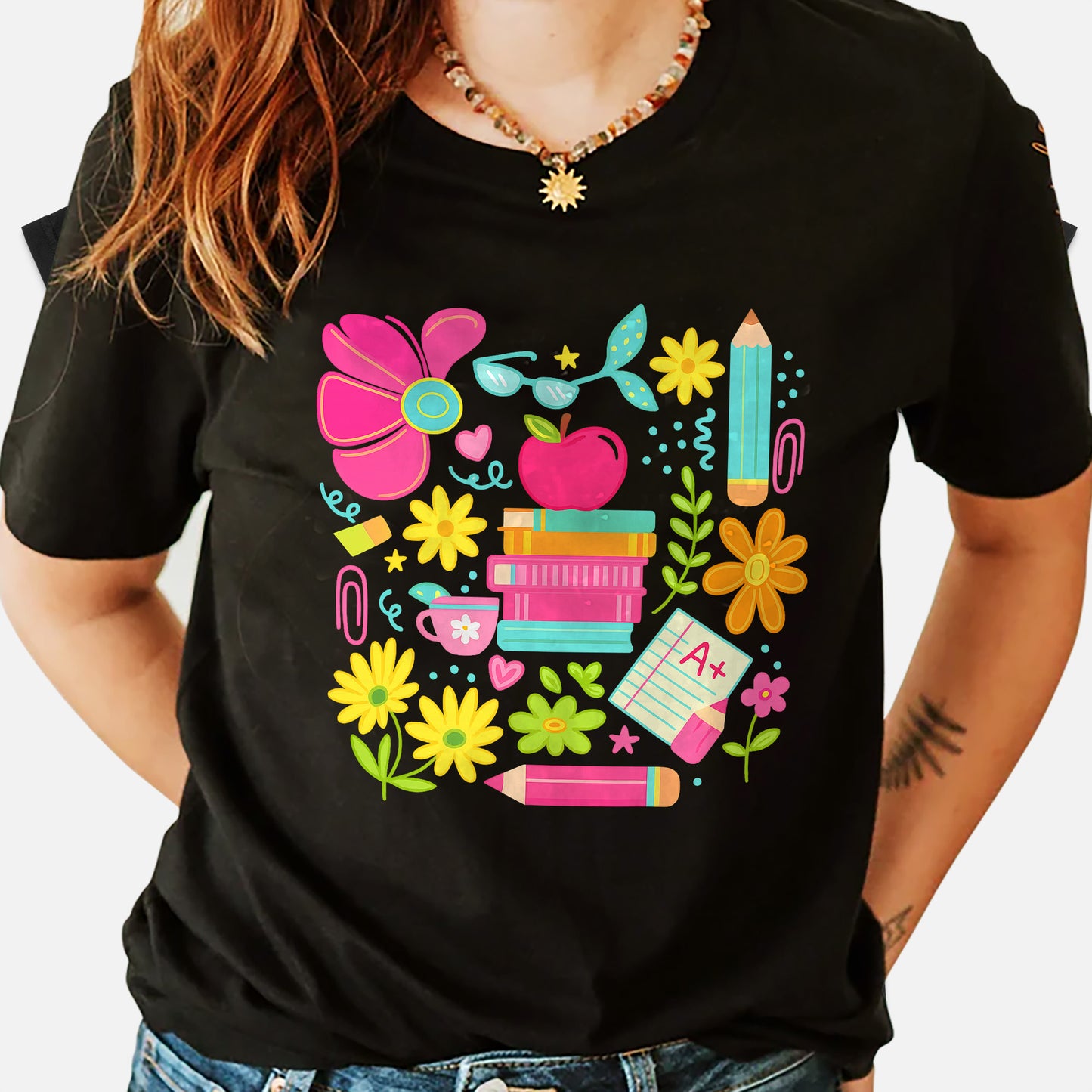 Boho Floral Teacher Shirt – Aesthetic Teacher Life Tee – Cute Teaching Gift – Black – Up To 5XL