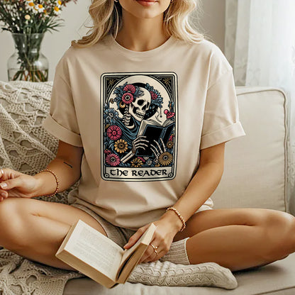 Skeleton Reading Tee – The Reader Card Shirt –  Book Lover Gift – Natural – Up To 5XL