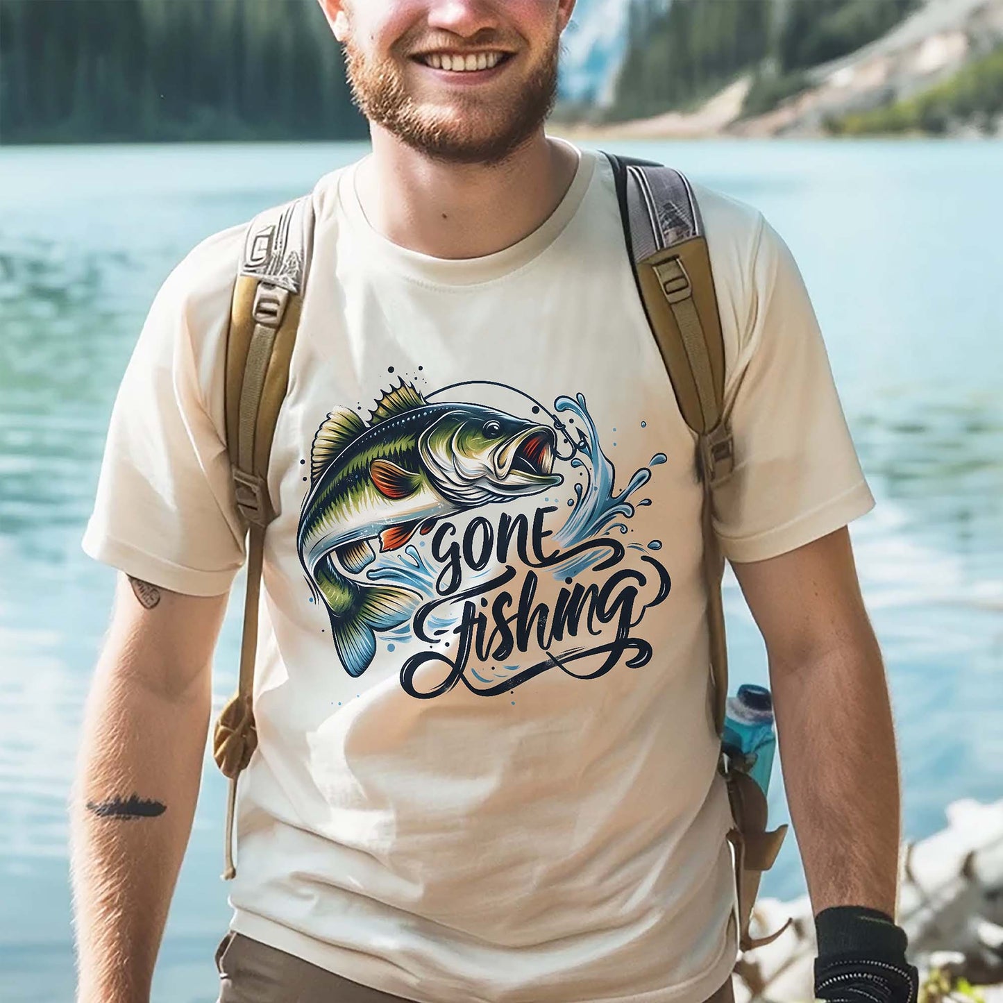 Gone Fishing Shirt – Bass Fish Tee – Angler Gift - Funny Fishing – Natural  – Up To 5XL