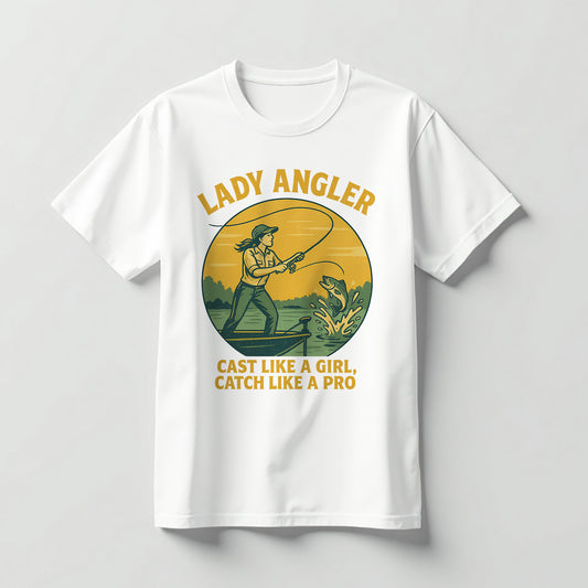 Lady Angler Cast Like A Girl Catch Like A Pro Shirt – Funny Fishing Tee For Woman – White – Up To 5XL