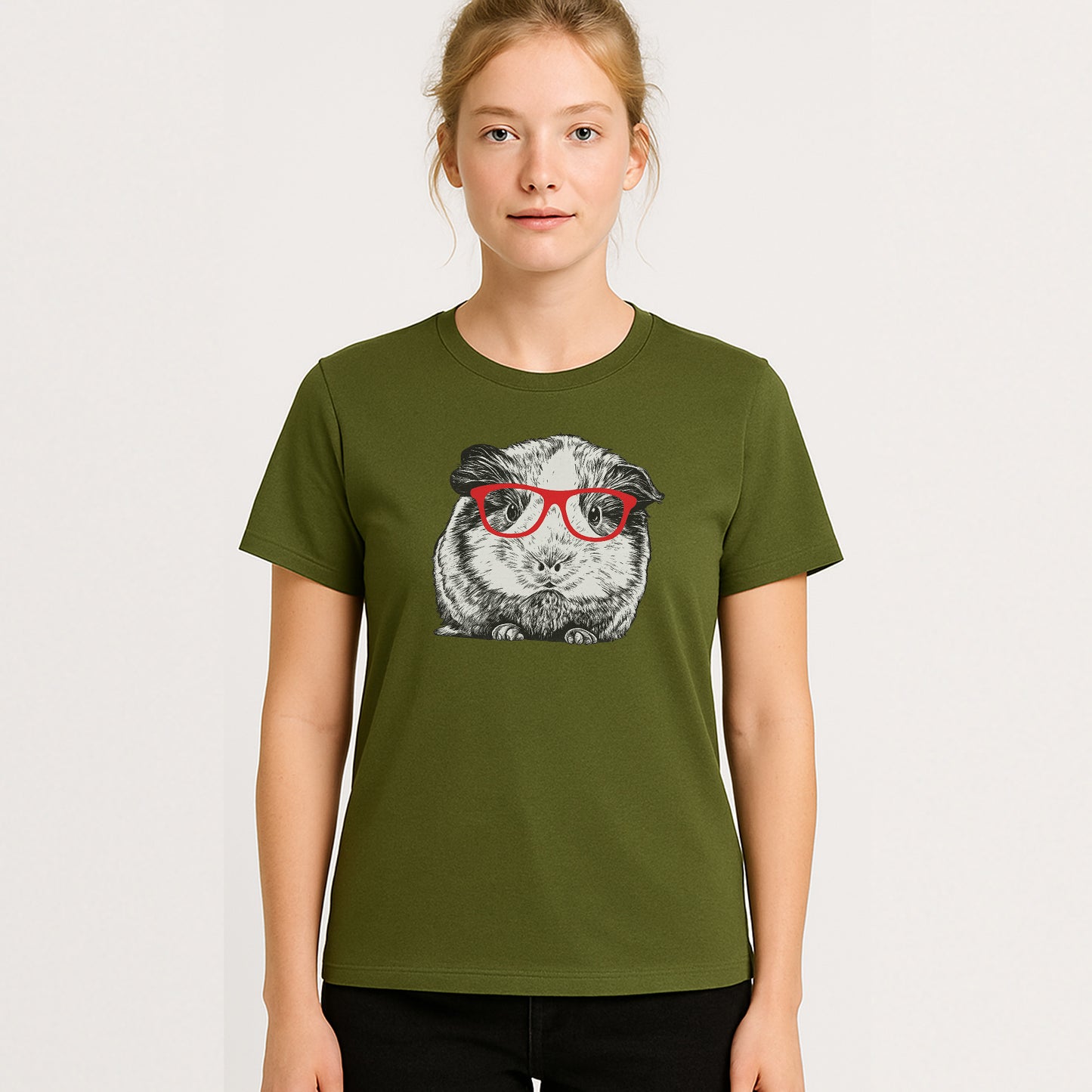 Guinea Pig With Glasses Funny Shirt  – Cute Nerdy Pet Tee For Animal Lovers - Military Green- Up To 5XL