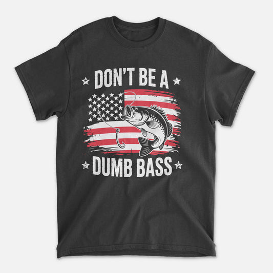 Funny Fishing Shirt – Don’t Be a Dumb Bass Patriotic Angler Tee – USA Flag Graphic – Black – Up To 5XL