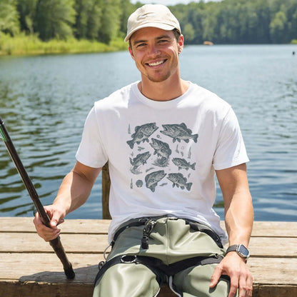 Fishing Shirt – Fish Species Chart Graphic Tee – Educational Angler T-Shirt – White– Up To 5XL