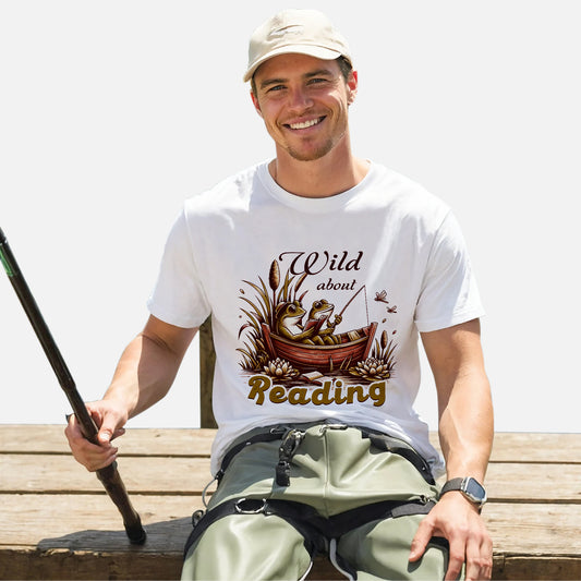 Cute Cottagecore Shirt – Frog and Toad Fishing and Reading Book Tee – White – Up To 5XL