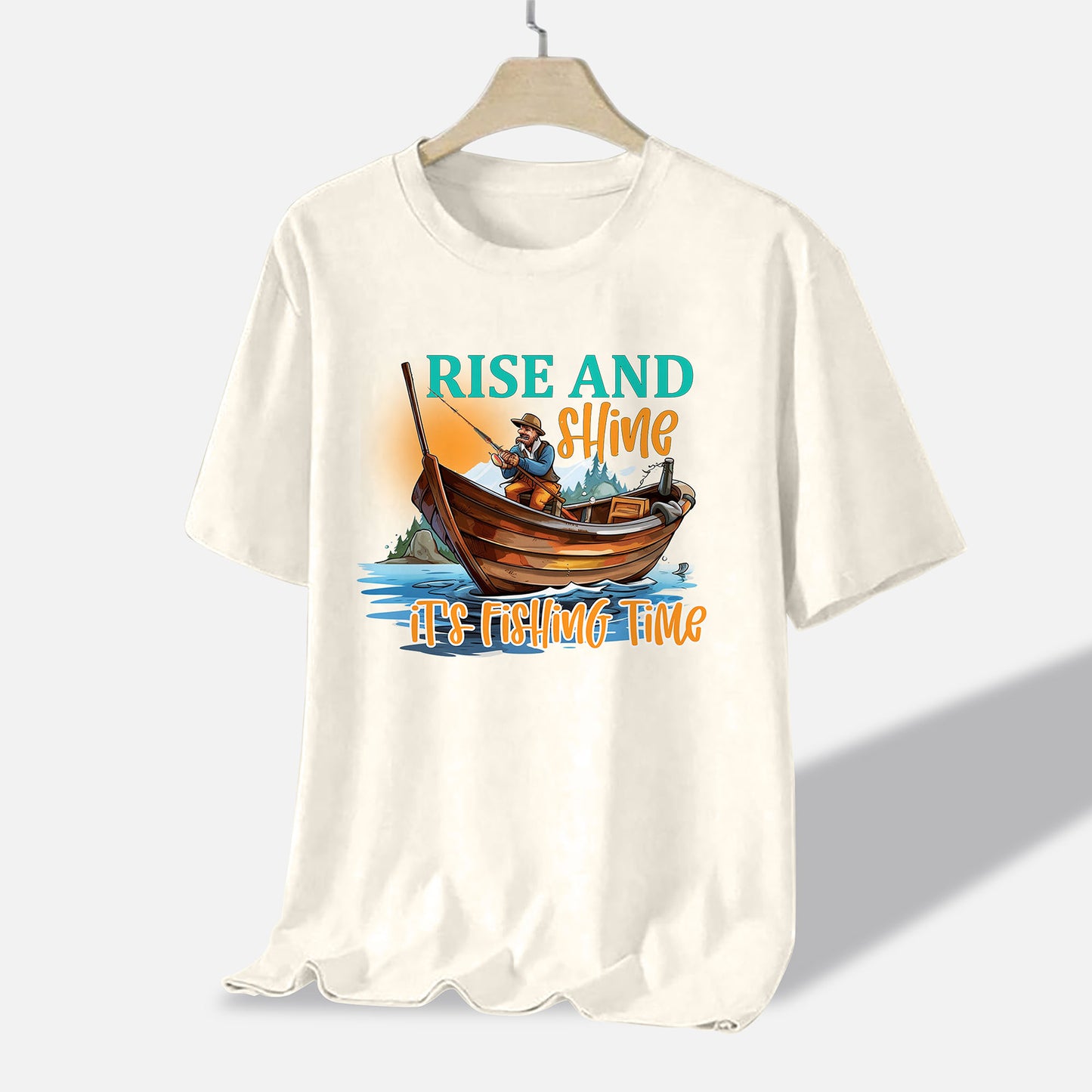 Funny Angler Graphic – Rise and Shine It’s Fishing Time Tee – Natural – Up To 5XL