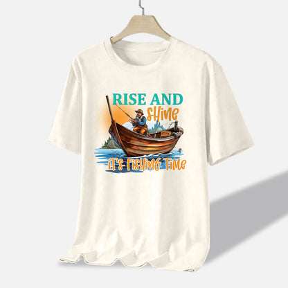 Funny Angler Graphic – Rise and Shine It’s Fishing Time Tee – Natural – Up To 5XL