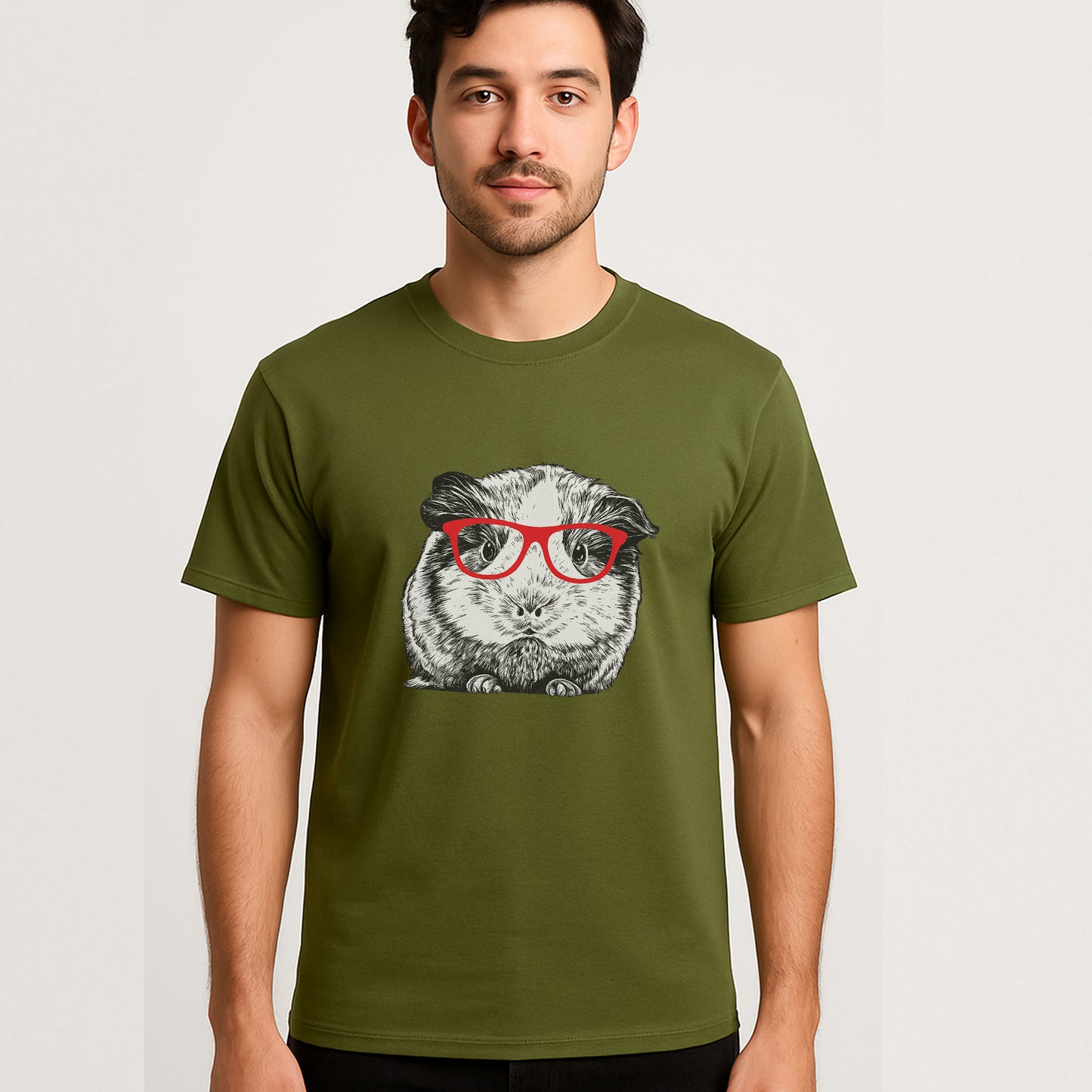Guinea Pig With Glasses Funny Shirt  – Cute Nerdy Pet Tee For Animal Lovers - Military Green- Up To 5XL