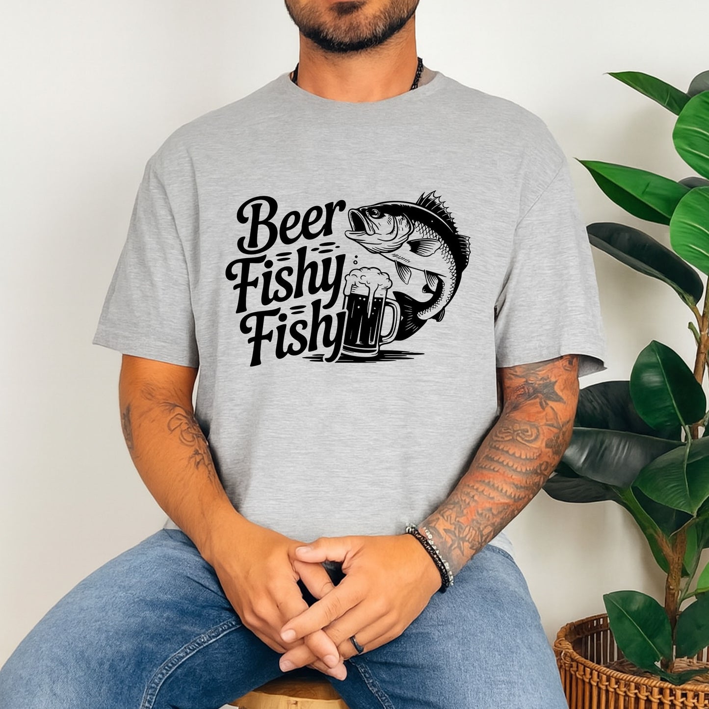 Funny Fishing Shirt - Beer Fishy Fishy Graphic Tee - Fisherman & Beer Lover Gift  – Sport Grey – Up To 5XL