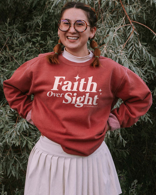 Faith Over Sight Christian Comfort Colors® Sweatshirt | 2 Corinthians 5:7 Women's Faith Crewneck