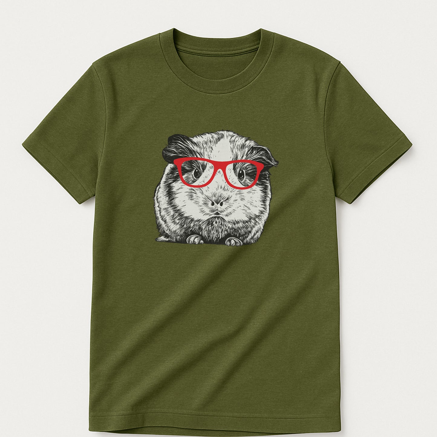 Guinea Pig With Glasses Funny Shirt  – Cute Nerdy Pet Tee For Animal Lovers - Military Green- Up To 5XL